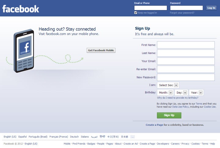 Facebook Welcome Page
