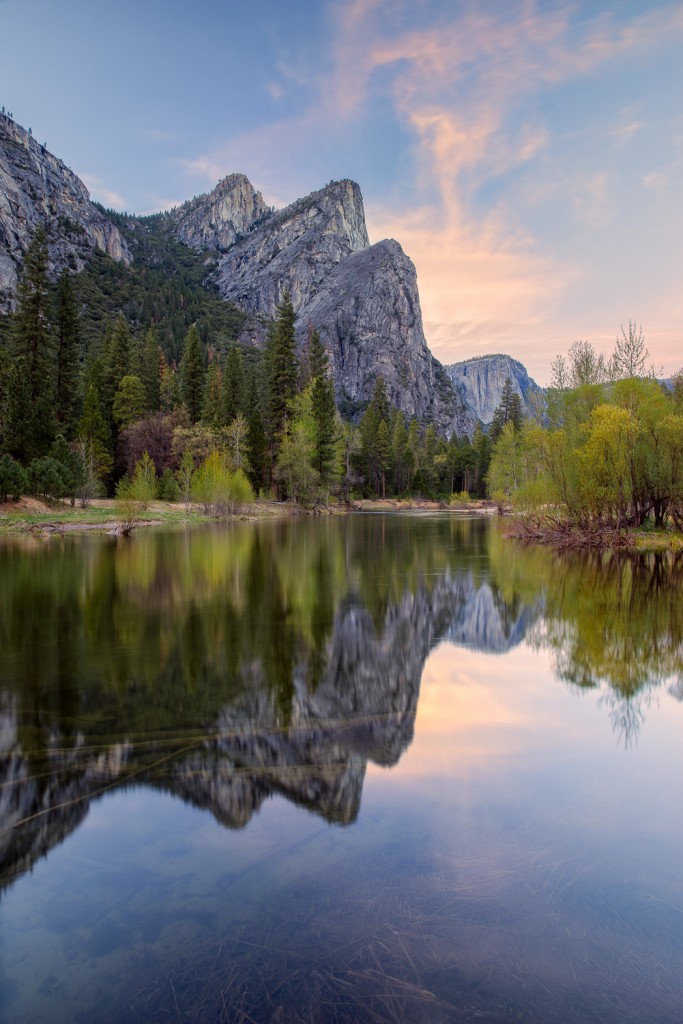 The Three Brothers at sunset over the Merced River