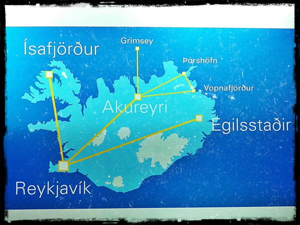 Map of Iceland from a wall in the Reykjavik airport