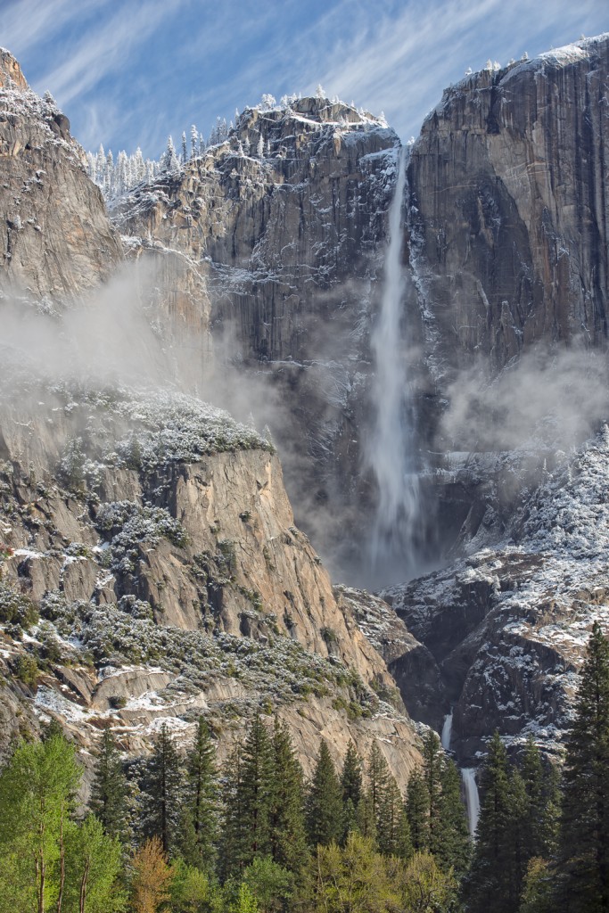 The view of Yosemite Falls from the field near the Swinging Bridge