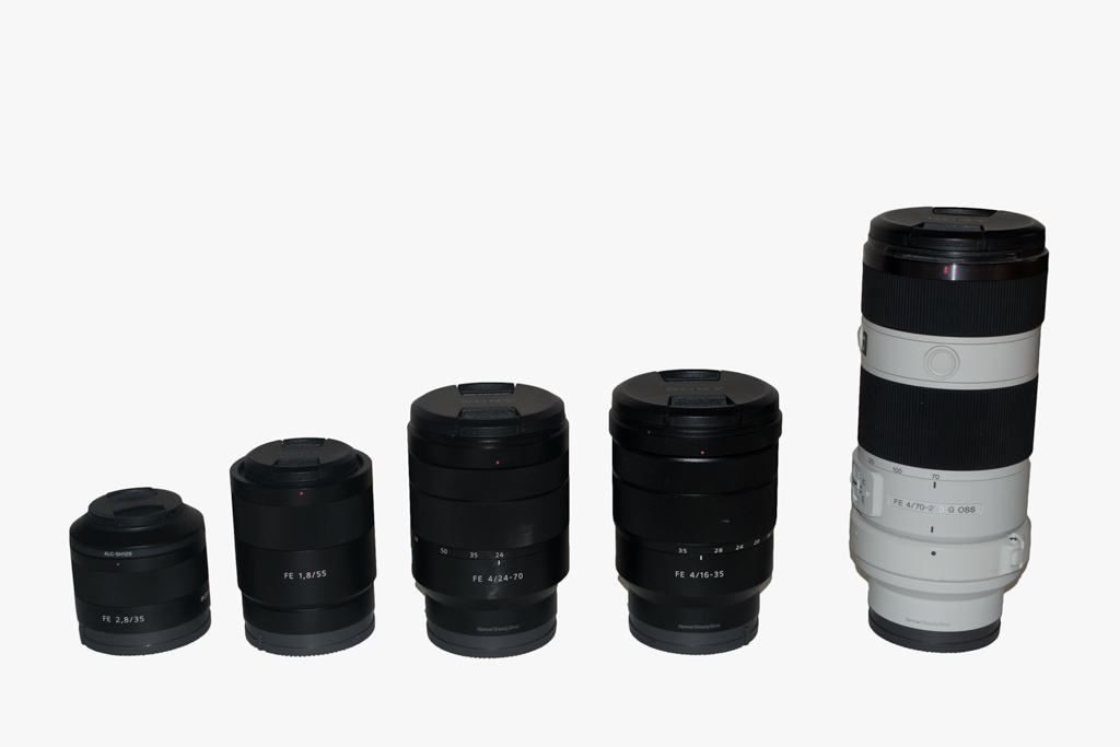 Sony FE Lens Lineup - 35 f/2.8, 55 f/1.8, 24-70 f/4, 16-35 f/4 & 70-200 f/4