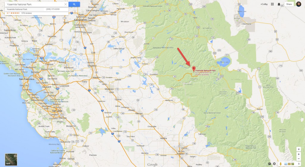 Google Maps View of Yosemite and Northern California