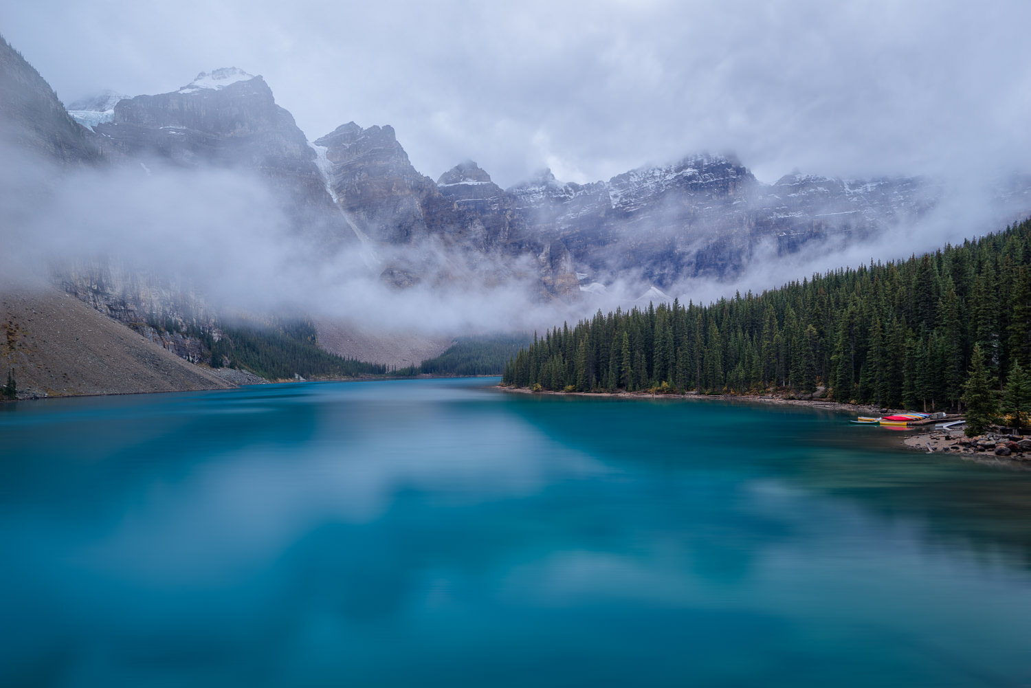 Fog Passing through Morain Lake in Banff National Park