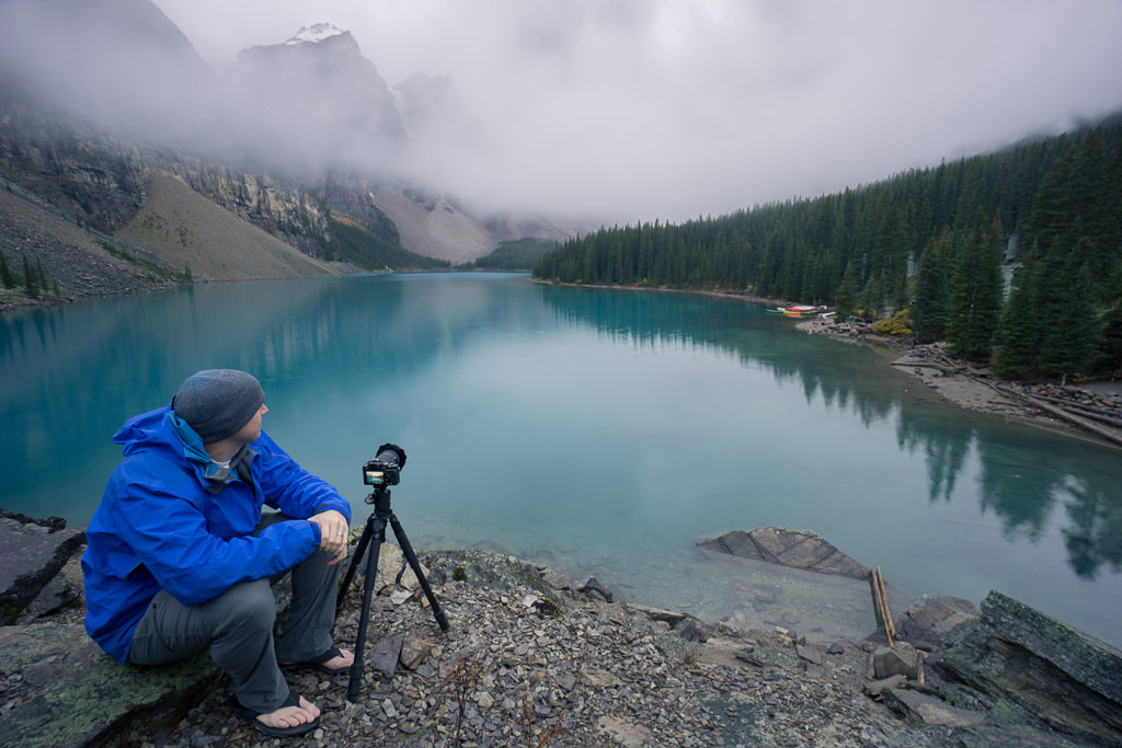 Waiting out the rain at Moraine Lake in Banff National Park in Alberta