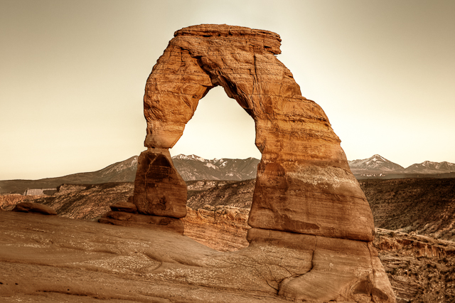 Photo of Delicate Arch in Sepia tones near Sunset