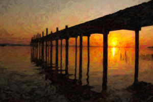 Photo turned digitally into oil painting of Pier in El Remate Guatemala at Sunset