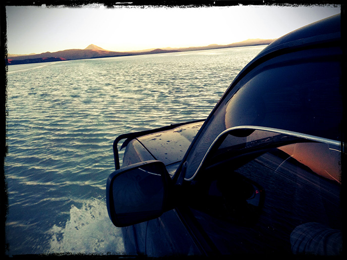 In a 4x4 crossing the Salar de Coipasa in Bolivia