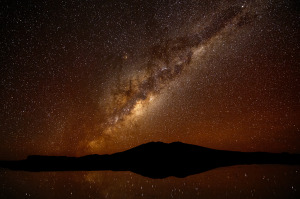 The Milky Way visible above the village of Coipasa in Bolivia