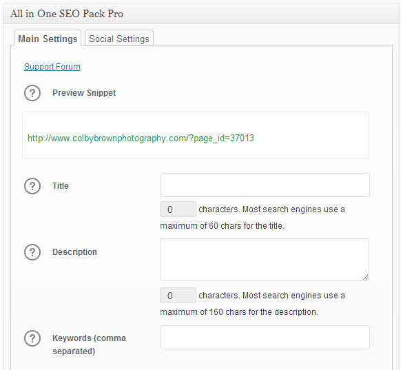 A screenshot of the SEO plugin I use on this WordPress Blog