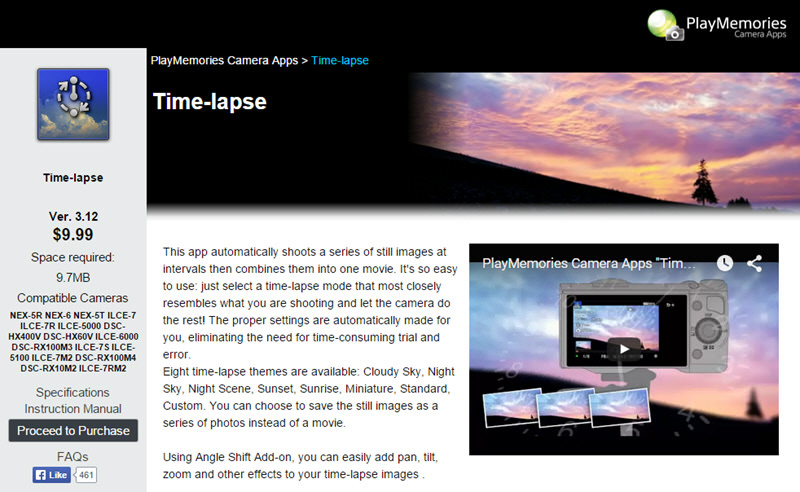 Sony's Time-lapse app found in the PlayMemories Camera App Website