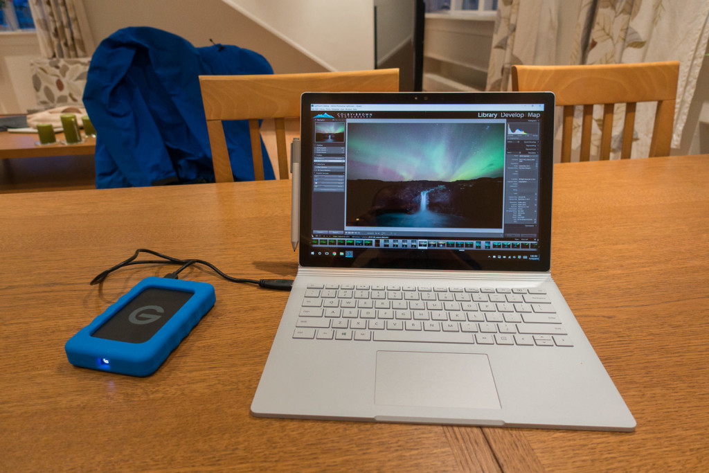 My Surface Book in Iceland along with my G-Technology 500GB evRAW HD