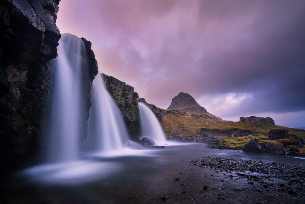 Sunset over Kirkjufellsfoss waterfall in West Iceland. Sony a7R II with Sony 16-35 f/4 FE 