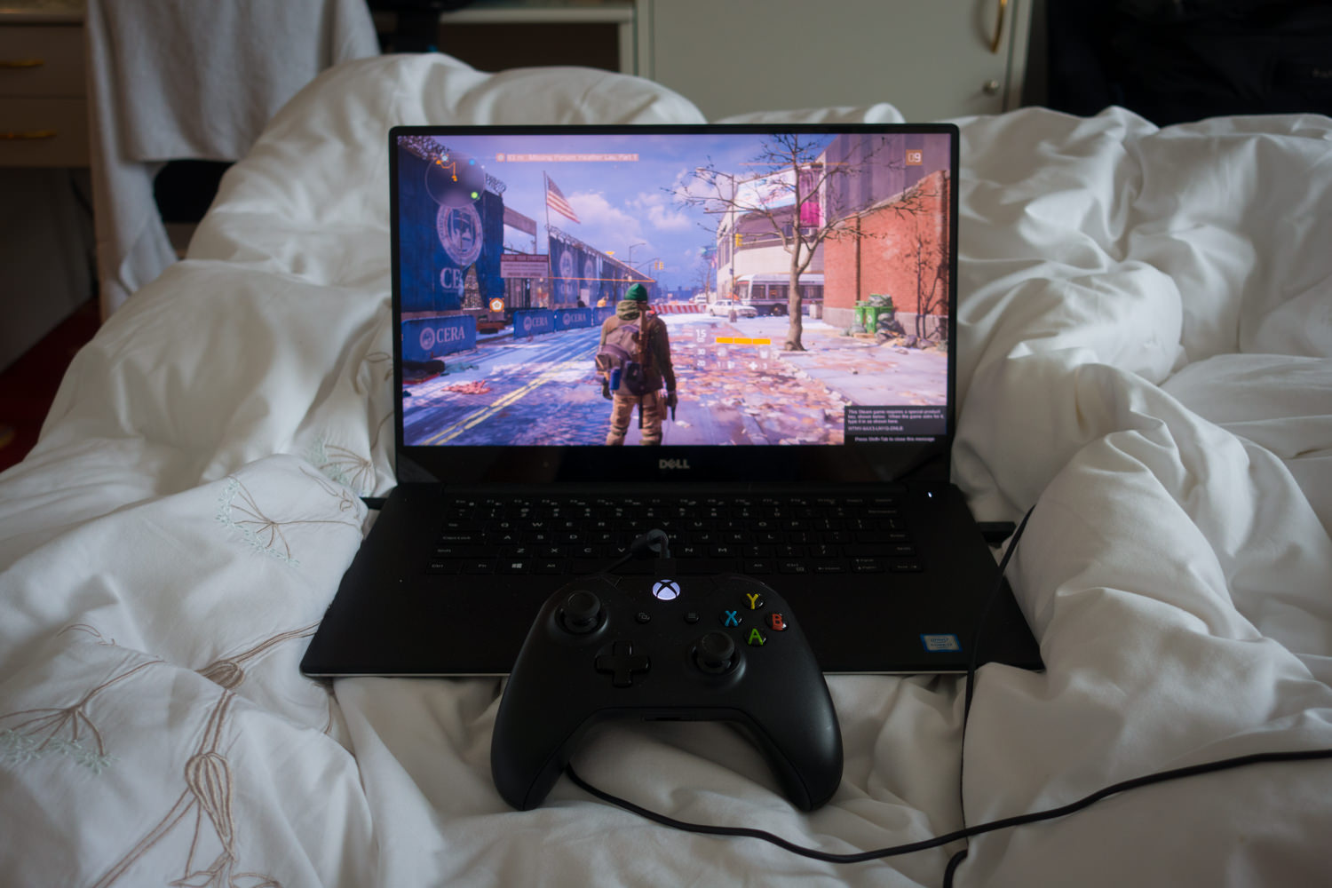 Playing "The Division" on the Dell XPS 15 in my hotel room in Iceland during a stormy day