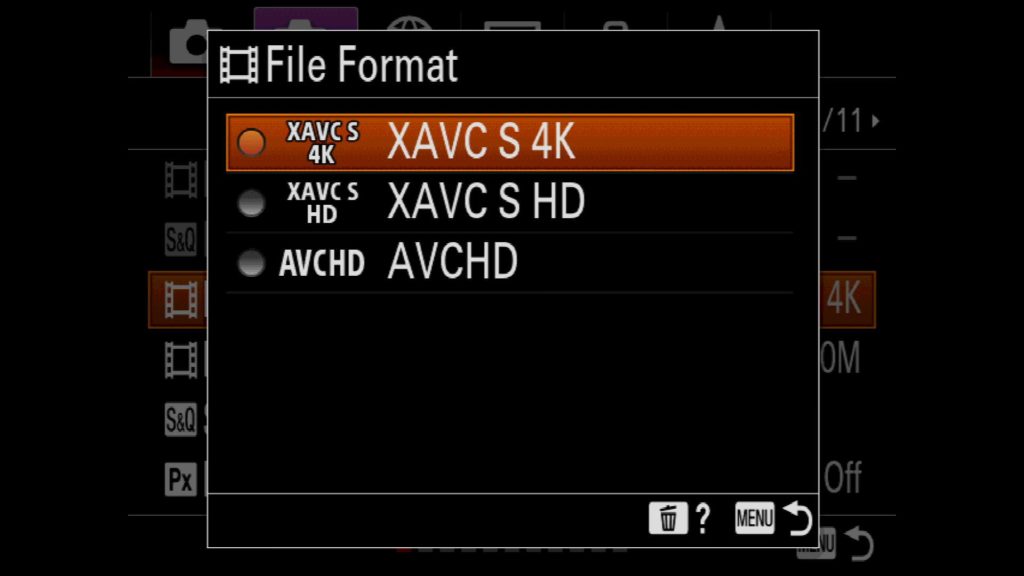 Adjusting File Format for Video Mode Sony a7R IV