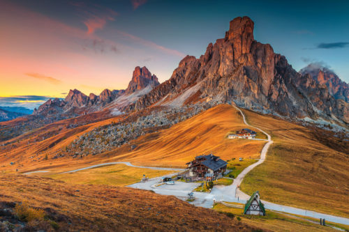 Mountain Pass in the Dolomites - Fantastic sunset landscape, alpine pass and high mountains, Passo Giau with famous Ra Gusela, Nuvolau peaks in background, Dolomites, Italy, Europe