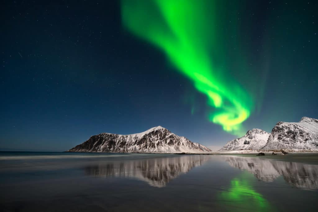 Reflected Northern Lights Over Skagsanden Beach