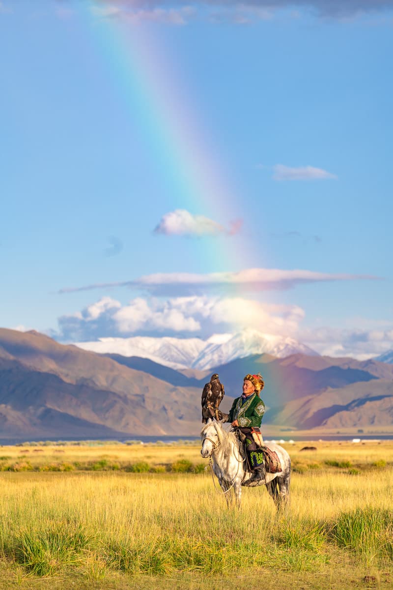 Eagle Hunter in Mongolia with Rainbow for Photography Workshop