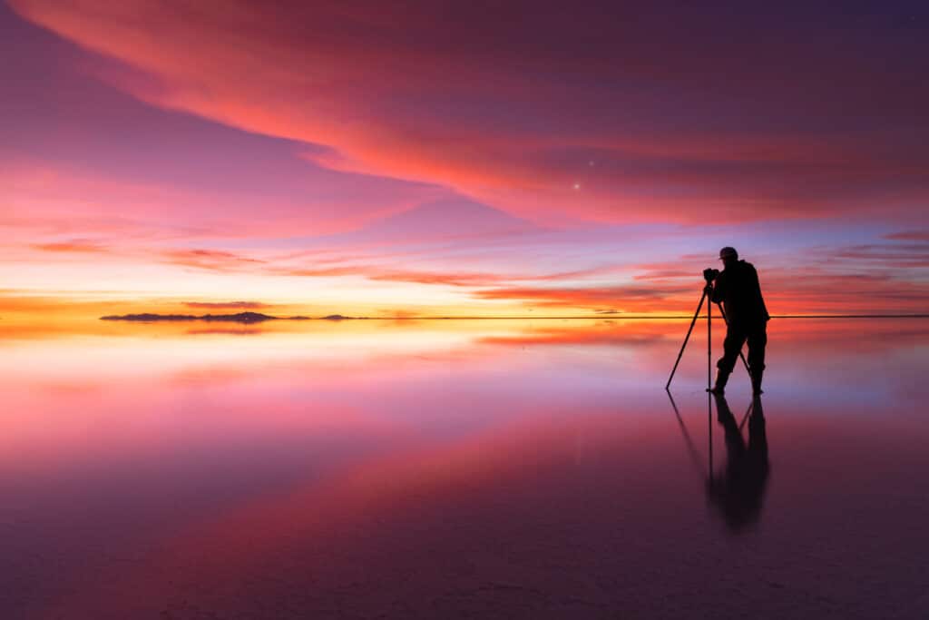 Incredible Sunset Reflections with Photographer over the Salar de Uyuni in Bolivia for an Astro Photography Workshop with Colby Brown