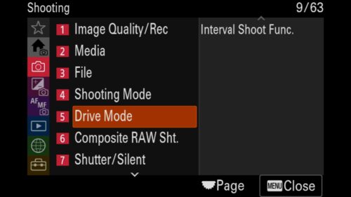 Understanding the Interval Shoot Func. Menu (Timelapse Mode), All of these settings can be found in the "Shooting" menu under "5: Drive Mode". From there, scroll down to the second page and find "Interval Shoot Func." For the Sony a1 II by Colby Brown Photography