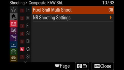 Using the Pixel Shift Mode, These settings are in the "Shooting" menu under "6: Composite RAW Sht.". There you will find "Pixel Shift Multi Shoot". For the Sony a1 II by Colby Brown Photography