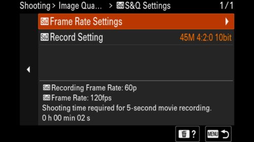 S&Q stands for "Slow & Quick," which accurately represents this video mode found in all Sony mirrorless cameras. Frame Rate Settings