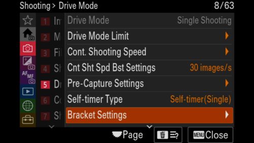 How To Add A Shutter Delay When Shooting a Bracket Of Any Kind? This setting can be found in the "Shooting" menu under "5: Drive Mode". Look for "Bracket Settings" before seeing "Self-timer during Bracket" and turning it on. For the Sony a1 II by Colby Brown Photography