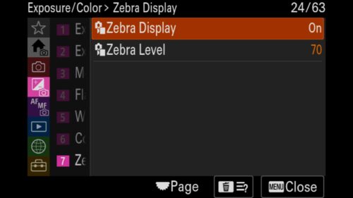 Selecting a Custom Zebra Display Level for Protecting Highlights, These settings are in the "Exposure/Color" menu under "7: Zebra Display". There, you will find both "Zebra Display" and "Zebra Level". For the Sony a1 II by Colby Brown Photography.