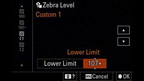 Selecting a Custom Zebra Display Level for Protecting Highlights, These settings are in the "Exposure/Color" menu under "7: Zebra Display". There, you will find both "Zebra Display" and "Zebra Level". For the Sony a1 II by Colby Brown Photography.